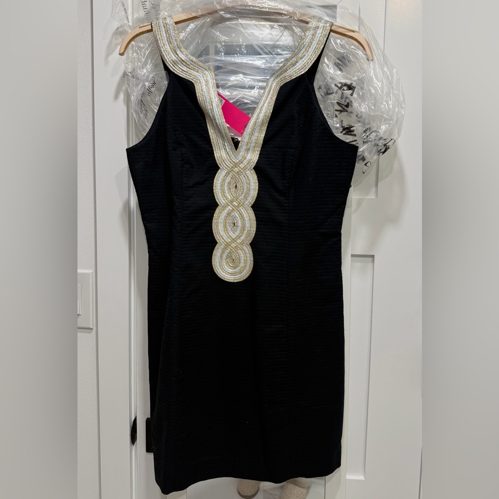 Lilly Pulitzer Black Shift Dress with Gold and Silver embellishment